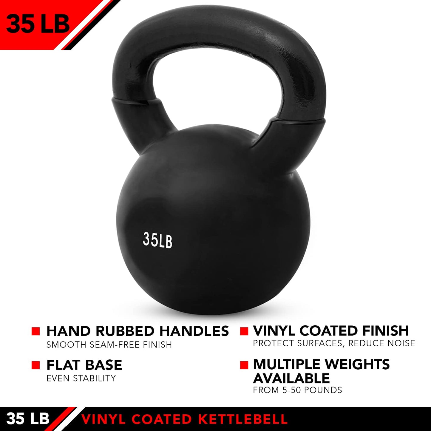 JFIT Vinyl-Coated Cast Iron Kettlebell Weight – Flat Bottom Kettlebell for Strength Training, Cross Training & Home Gym Workouts, 35LB-Black