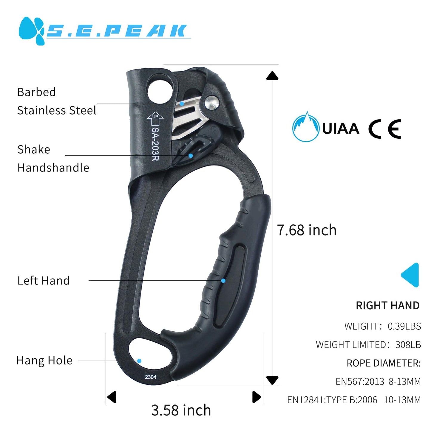 S.E.PEAK UIAA & CE Certified Climbing Rappelling Equip Hand Ascender for 8-13mm Rope Right Hand Black