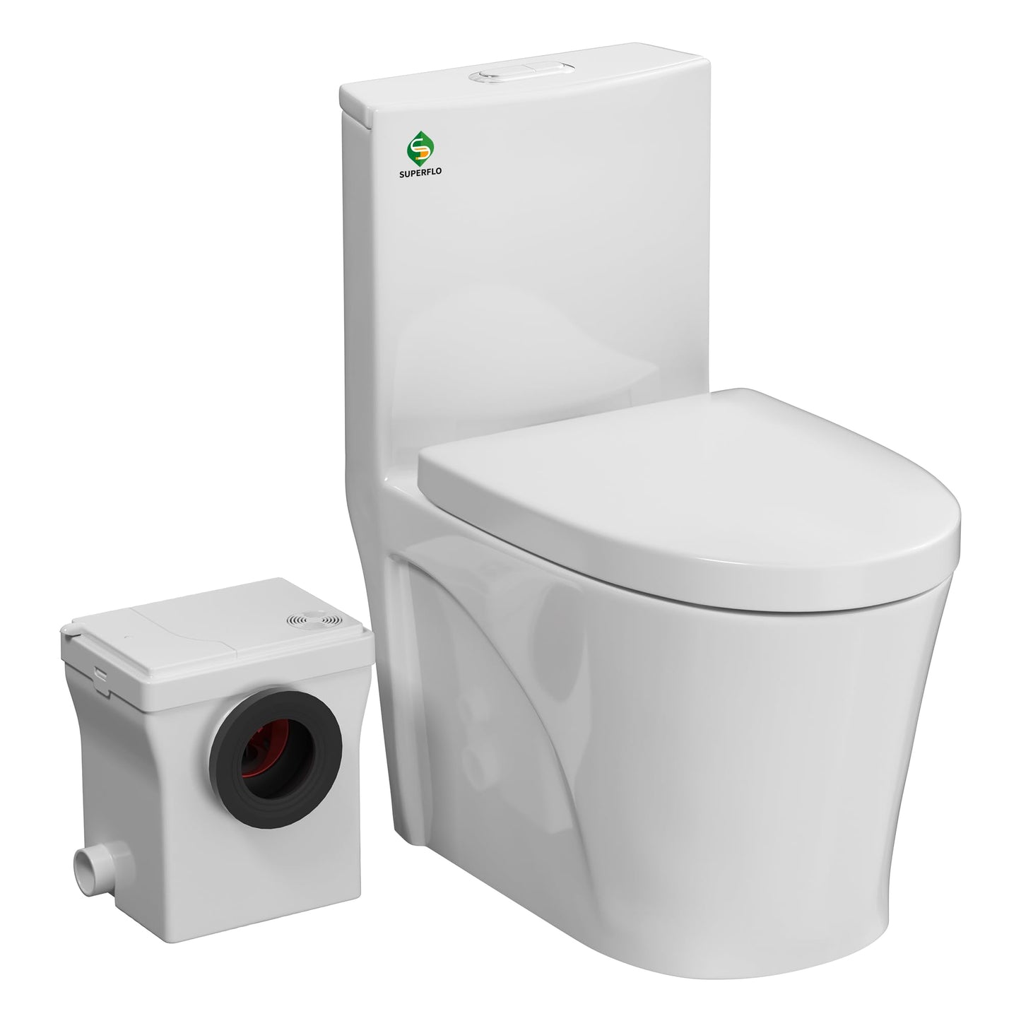 SUPERFLO 600W Macerating Toilet System, Upflush Toilets for Basement with One Piece Toilet Bowl & Soft Close Seat, Macerator Toilets Pump with 3 Inlets for Toilet, Sink & Shower