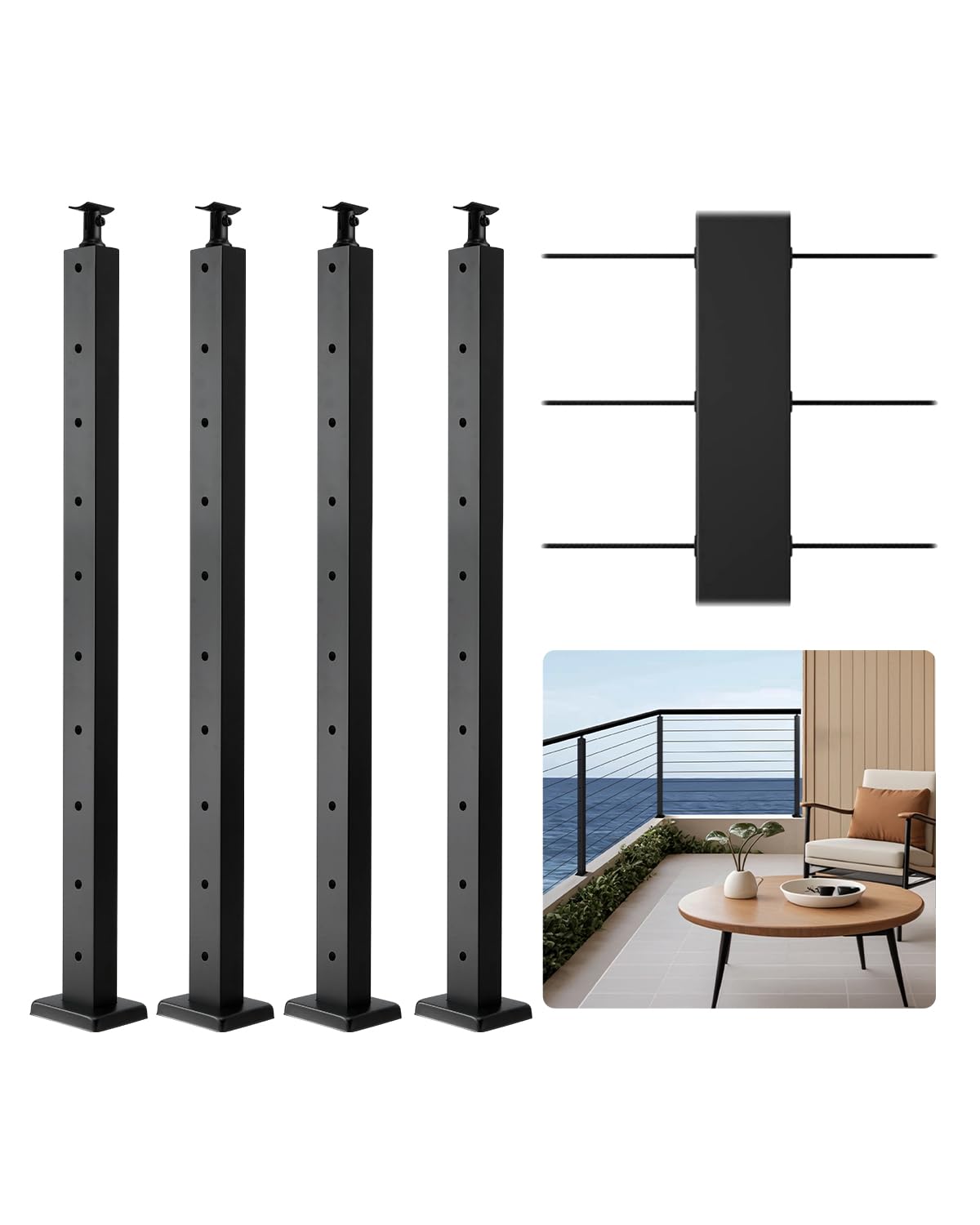 VEVOR Level Drilled Cable Railing Post, 10 Holes, 36x1x2 Inches Stainless Steel Cable Railing System Kit for Indoor Outdoor Deck Balcony, 4 Pack, Black, Product ID 4JZLGZXHS914UUOI6001V0