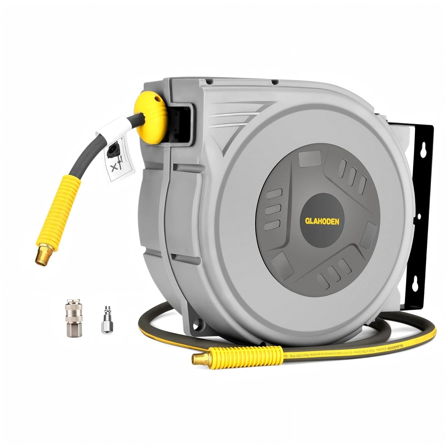 GLAHODEN Enclosed Retractable Air Hose Reel, 3/8 in x 65 Ft Hybrid Hose Air Compressor Hose Reel with 6 Ft Lead in Max 300 PSI Patented Design for Any Length Lock 180°Swivel Bracket Quick Coupler