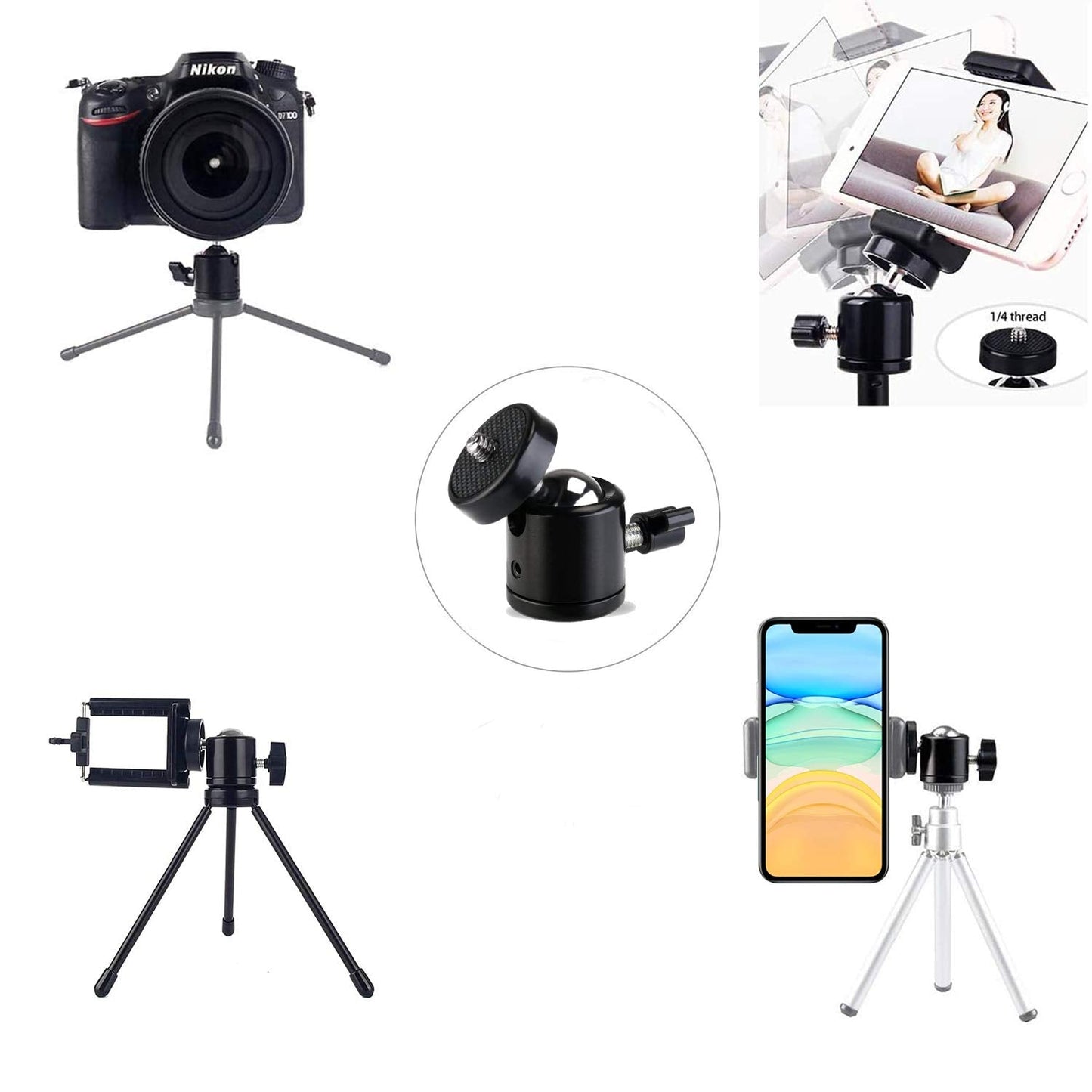 Universal 1/4" Swivel Mini Ball Head Screw Tripod Mount（2 Pack）, EszkozTA360 Degree Rotating Mount Base Adapter for DSLR Cameras HTC Vive Tripods Monopods Camcorder Light Stand…