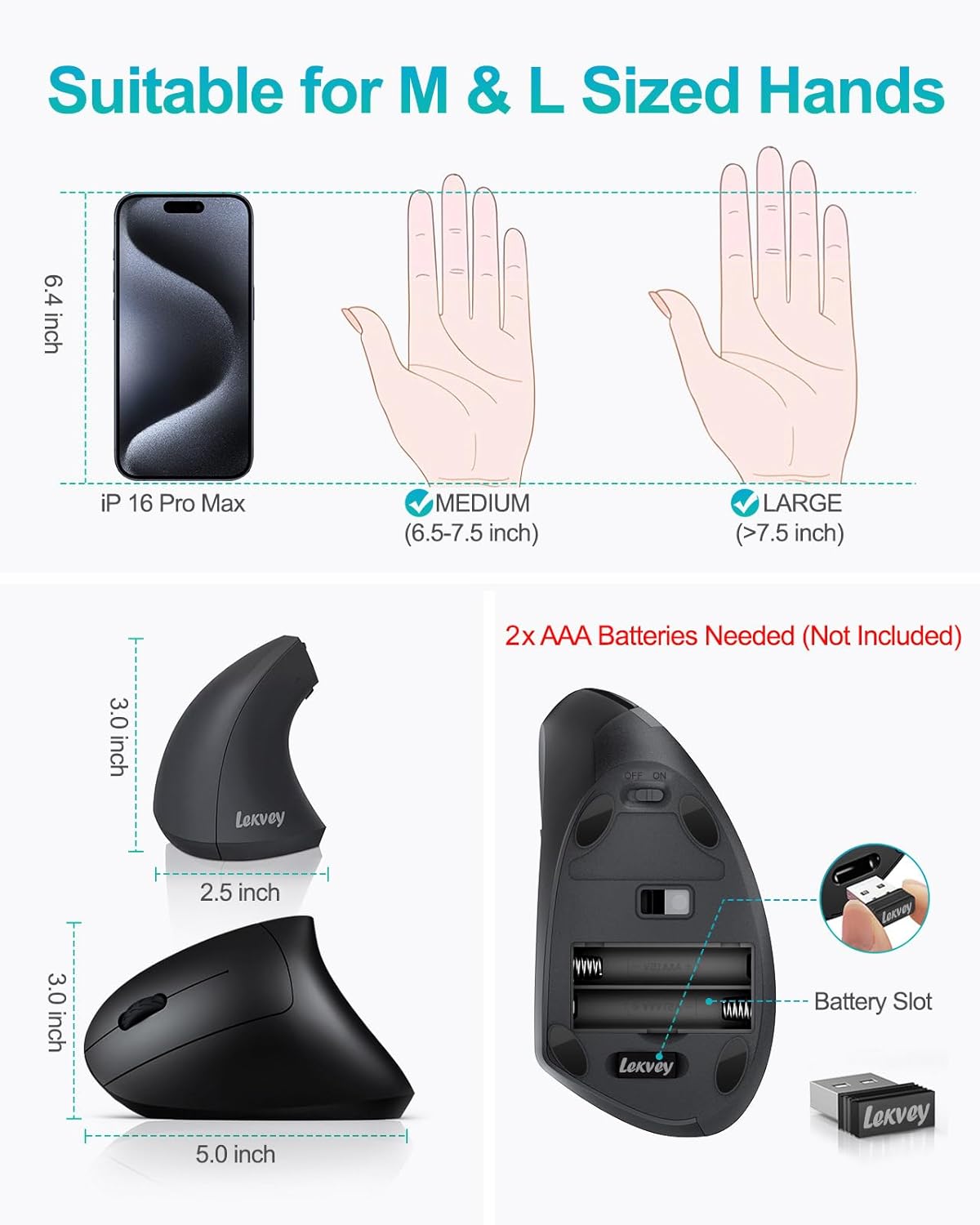Lekvey 2.4G 3 6 Left Handed Ergonomic Mouse, Vertical Wireless Mouse for Left Hand, USB Carpal Tunnel Lefty Mouse