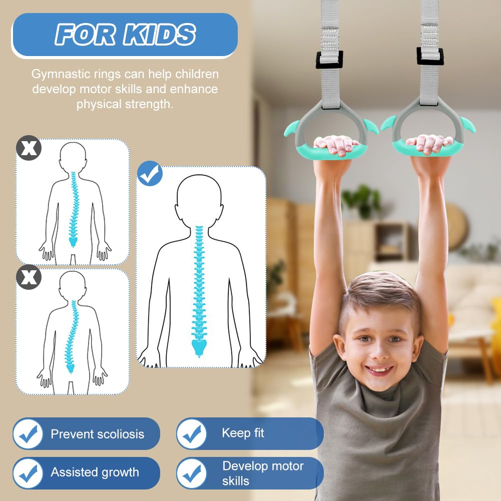 JIANWEI Gymnastics Rings for Kids Home Exercise, Fitness Children Trapeze Bar Pull Up Gym Rings Exercise Strength Training Equipment with Straps ＆ Adjustable Buckle Load-Bearing 40KG