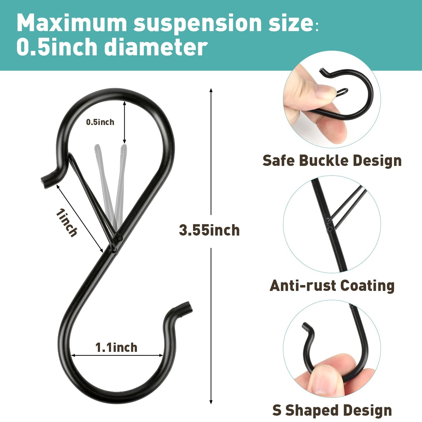 12 Pcs S Hooks for Hanging Heavy Duty, 3.5-inch Heavy Duty Metal S Hook with Safety Buckle, Suitable for 0.5 inch Rods, S Hook for Hanging Plants, Closet, Kitchen Utensil, Pot, Pan, Bags