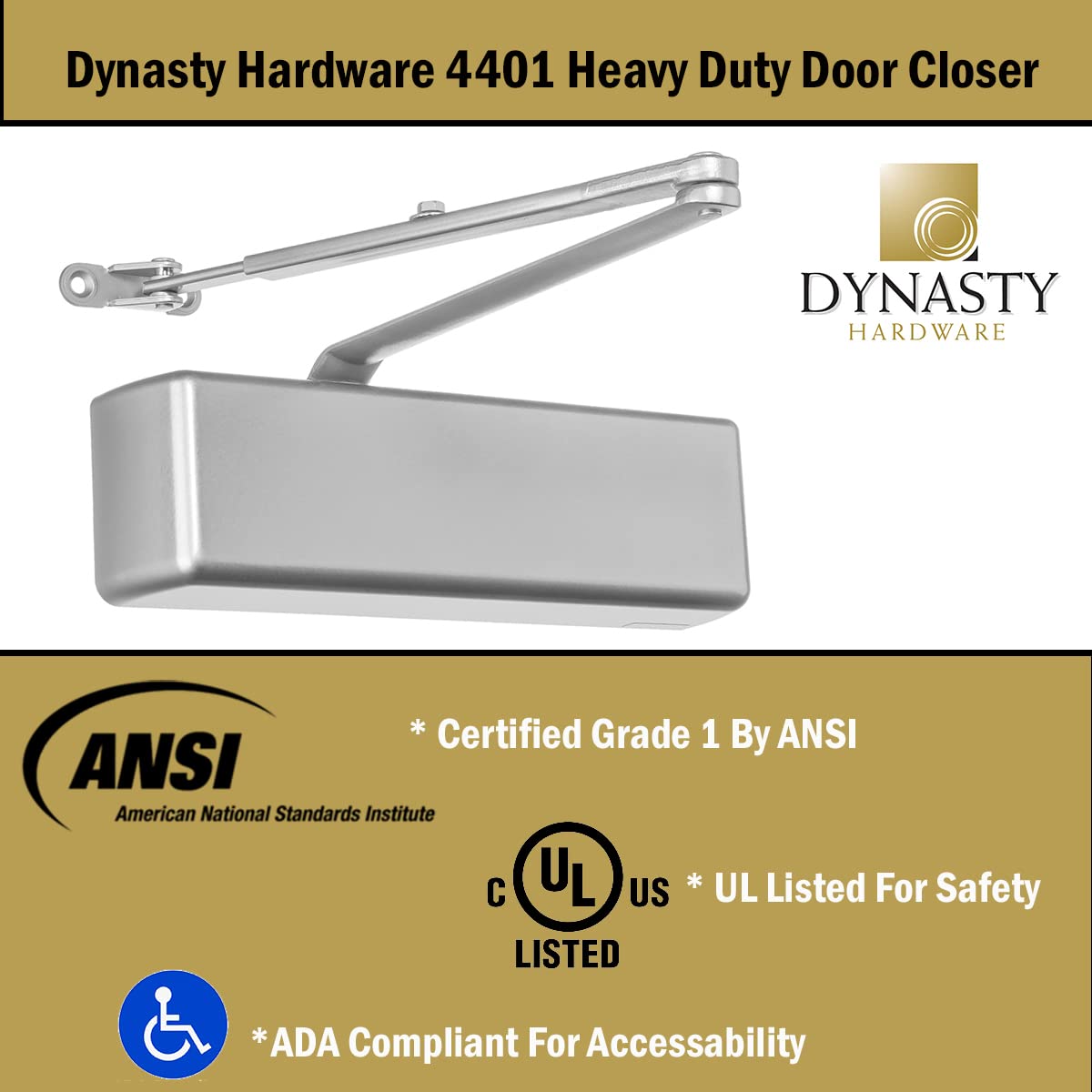 Dynasty Hardware Door Closer, Grade 1 Heavy Duty Commercial Hydraulic Closer, Self-Closing, Adjustable Spring Size 1-6, ADA Compliant, Surface Mount, Sprayed Aluminum, Series 4401