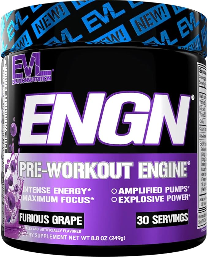 EVL Intense Pre Workout with Creatine - ENGN Energizing Pre Workout for Men Powder Drink for Lasting Energy Focus and Recovery - with Beta Alanine Caffeine and L Theanine - Furious Grape