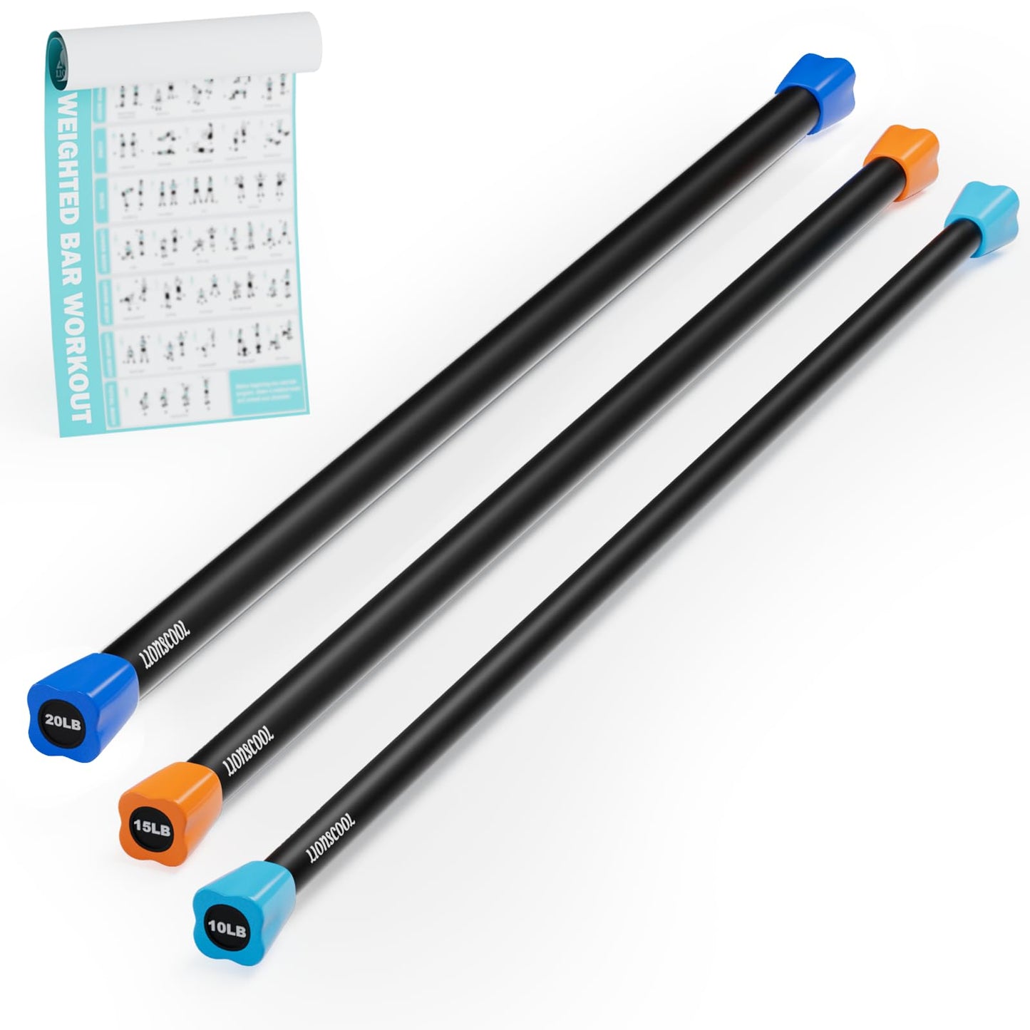 LIONSCOOL Workout Weighted Bar,Padded Exercise Weight Bar, Solid Steel Stretching weighted bar set for Body Sculpting, Physical Therapy,Body Toning (Set of 3-10LB, 15LB and 20LB)