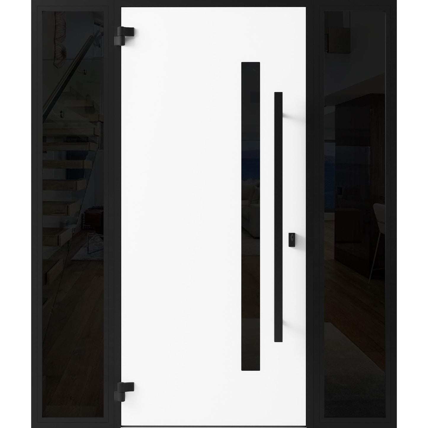 VDOMDOORS Front Exterior Prehung Steel Door/Ronex 0144 Grey / 2 Side Exterior Windows Sidelites/Entry Metal Modern Painted W16+36+16" x H80 Right Hand Inswing