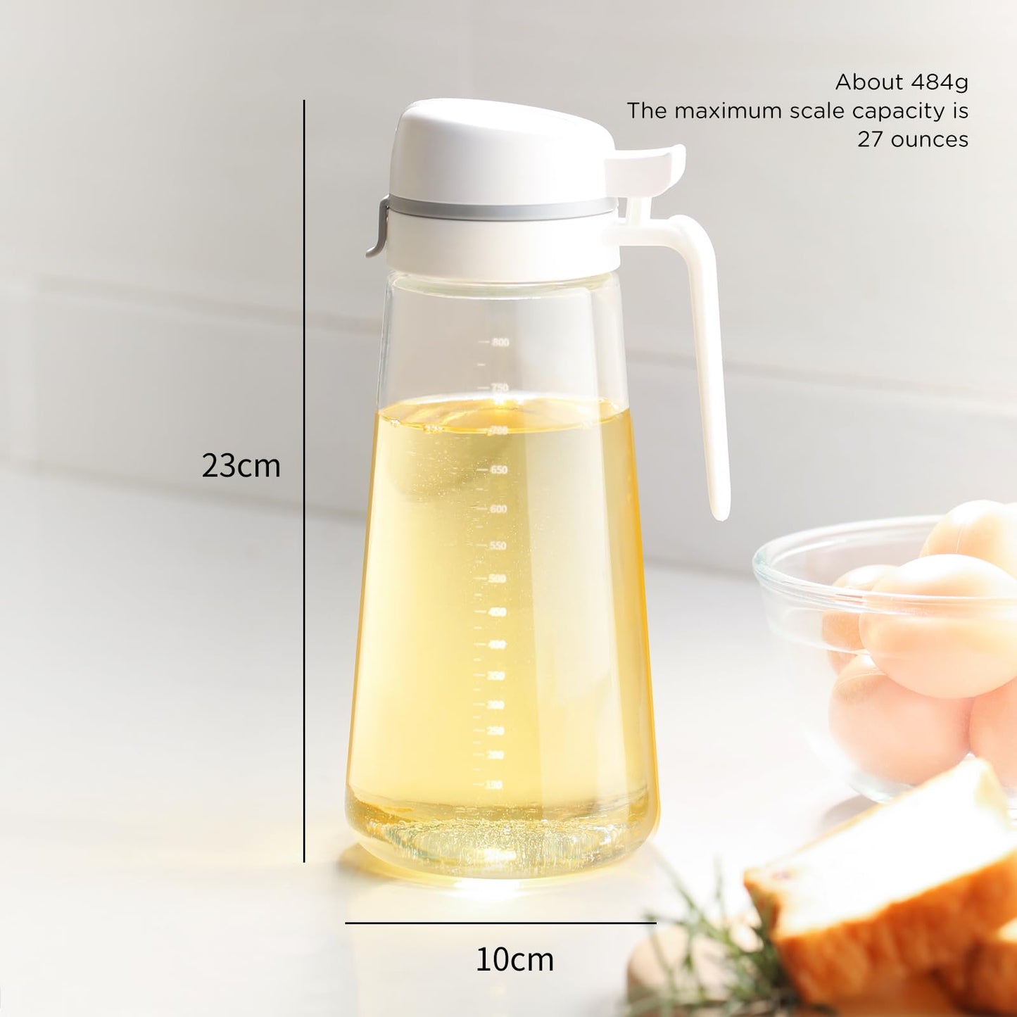 Meterga Auto Flip Glass Olive Oil Dispenser, Clear Glass Bottle with Scale, Dispenser for Kitchen, Olive Oil Cruet | 29oz