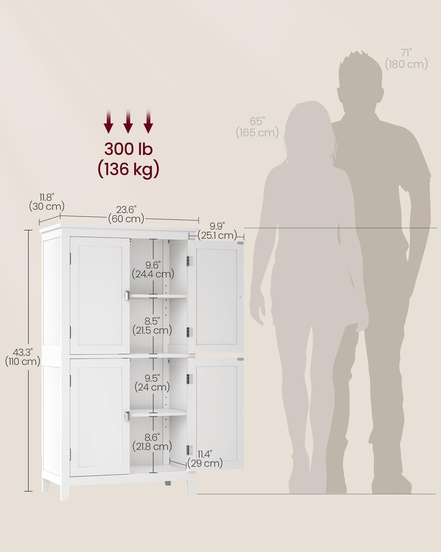 VASAGLE Floor Storage Cabinet, Freestanding Storage Unit with 4 Doors, Adjustable Shelves, 11.8 x 23.6 x 43.3 Inches, for Entryway, Bathroom, White UBBC552P31