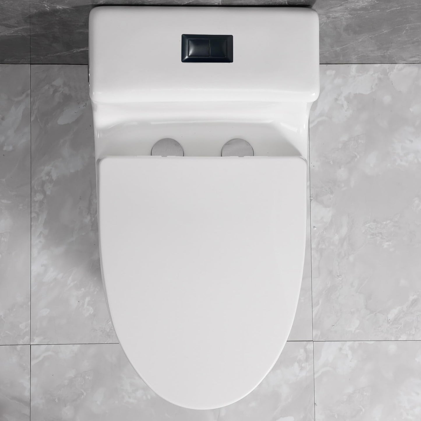 SouNor 12"Rough-in Ceramic One Piece Elongated Toilet for Modern Bathroom with Top Dual Flush (0.8/1.6GPF) Soft Close Seat ADA Standard Seat Height with Black Button.