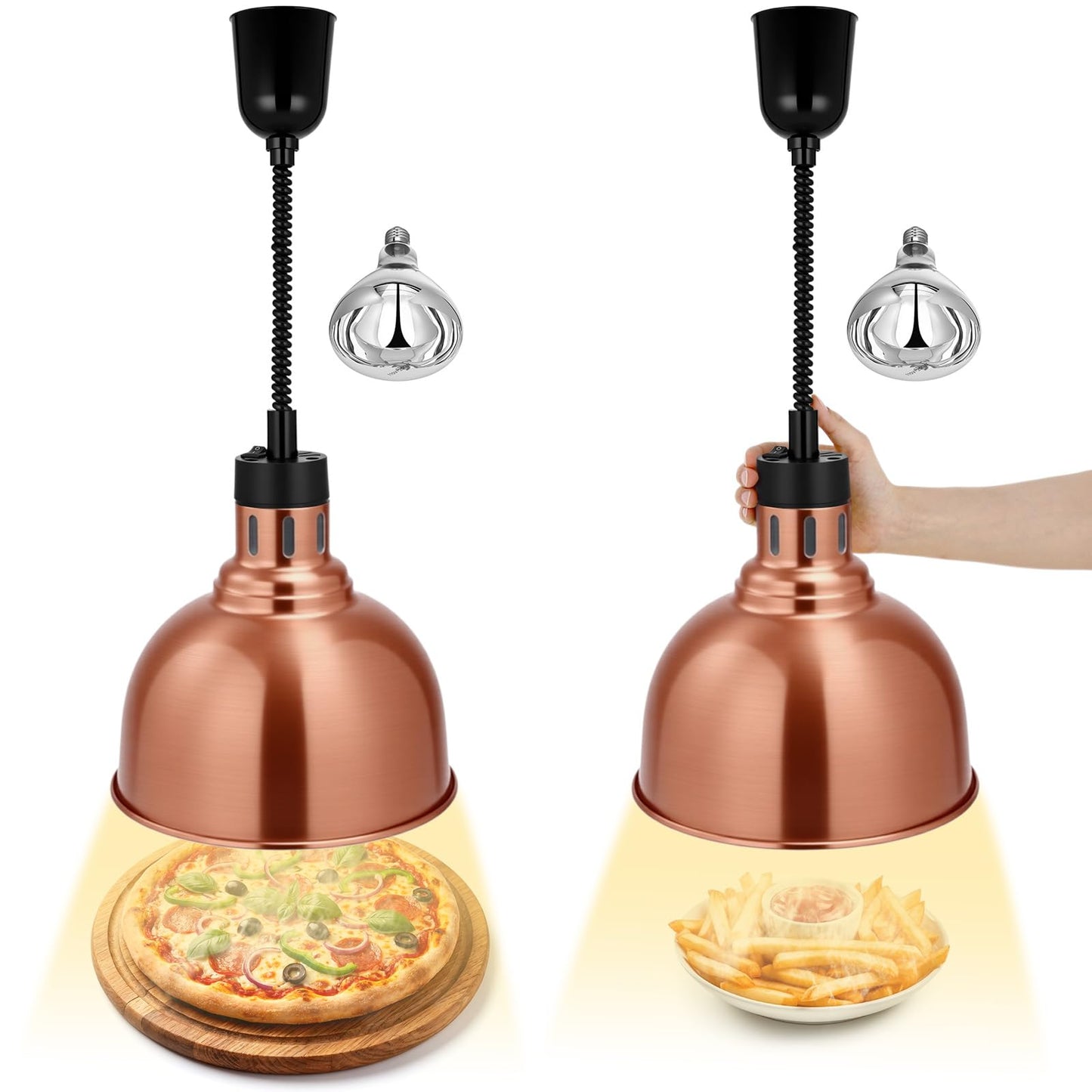 Nuanchu 2 Pack Hanging Food Heat Lamp Retractable with 250w Heating Bulb Commercial Infrared Food Service Warmer Fry Heating Light for Buffet Restaurant Kitchen Use(Copper,Dia 25cm)