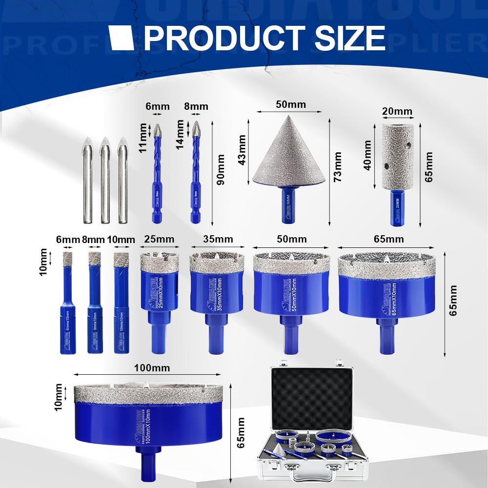 SHDIATOOL Tile Diamond Drill Bits Kit, Porcelain Hole Saw Sets, Ceramic Core Bits Cutter Drilling for Stone Marble Granite 15pcs(6/8/10/25/35/50/65/100MM/20MM/2/6/8MM)