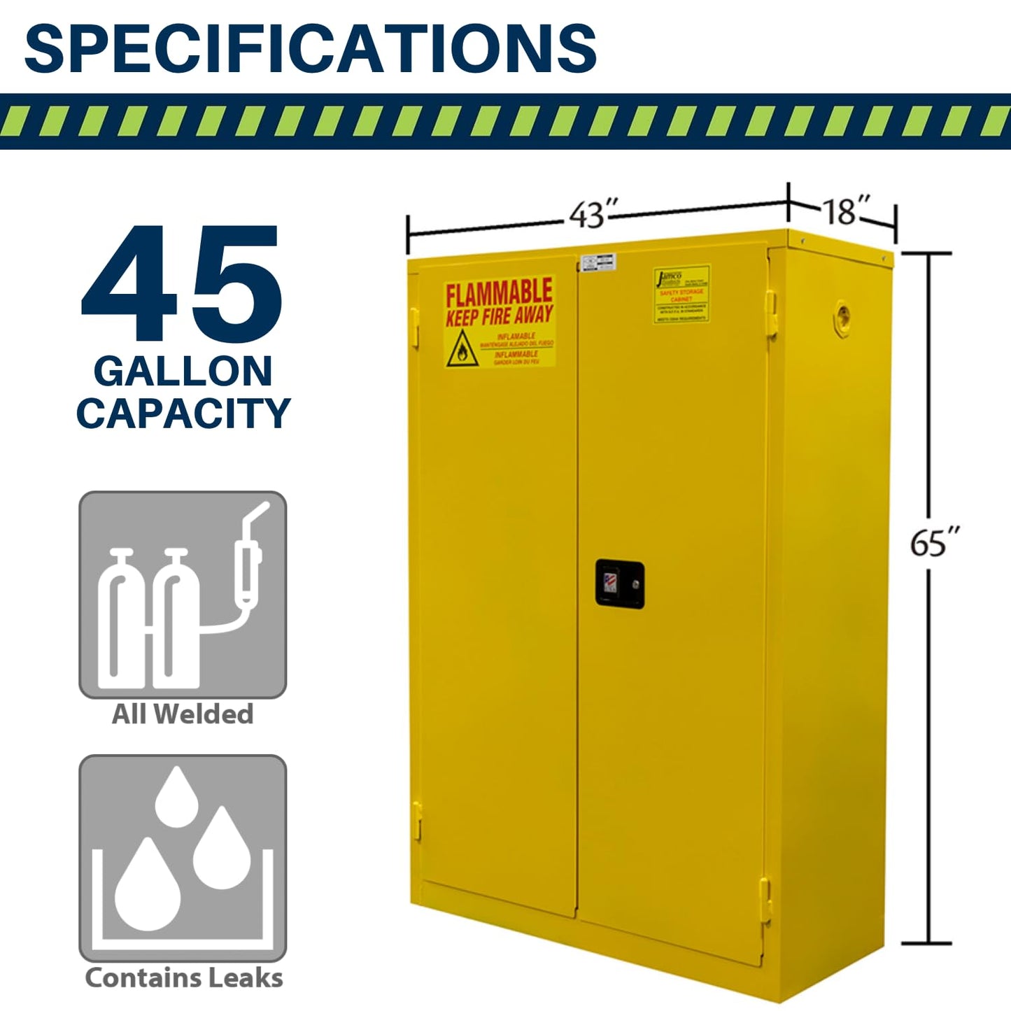 Jamco 45 Gallon Flammable Safety Cabinet, Steel Flammable Storage Cabinet with Lockable Manual Closing Doors, Non Forkliftable, 43" x 18" x 65", Yellow