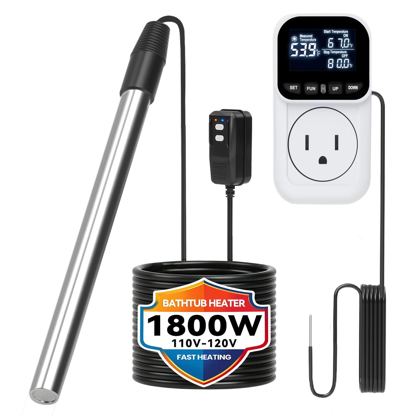 1800w Immersion Heater,Portable Bathtub Heater with GFCI& Thermostat, Digital Temp Control, Fast Heating Stainless Steel Submersible Water Heater for Small Pools,Spa,Bathtubs, Buckets,Tank,Outdoor