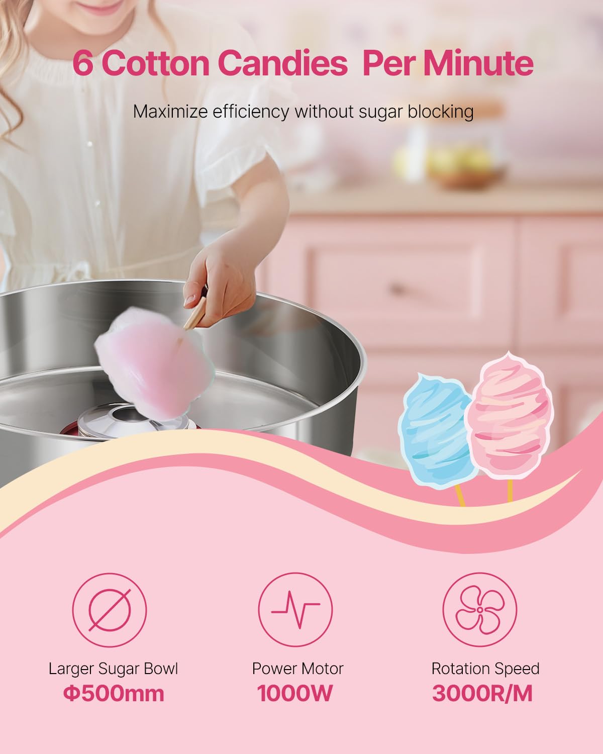 VEVOR Electric Cotton Candy Machine, 1000W Commercial Floss Maker w/Stainless Steel Bowl, Sugar Scoop and Drawer, Perfect for Home, Carnival, Kids Birthday, Family Party, Pink