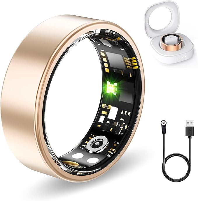 Smart Health Rings for Women Men, Fitness Tracker with Heart Rate, Blood Oxygen, HRV, Sleep Tracker, Step Tracker, No Subscription Fee, IP68 Waterproof Smart Ring for iphone & Android (Gold, 14#)