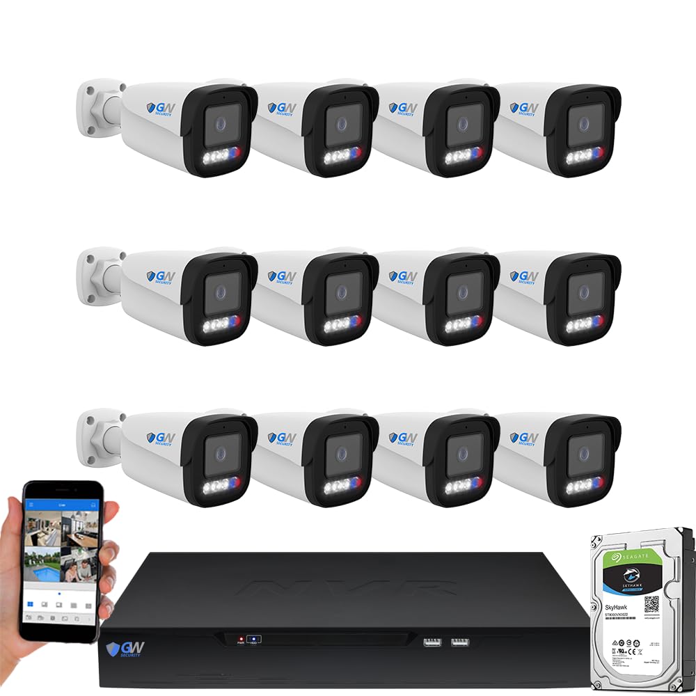 GW Security 16 Channel 12MP NVR UltraHD License Plate/Face Recognition NDAA & TAA Compliant Security Camera System with 12 x 5MP Outdoor & Indoor Color Night Vision Two-Way Audio PoE Bullet Cameras