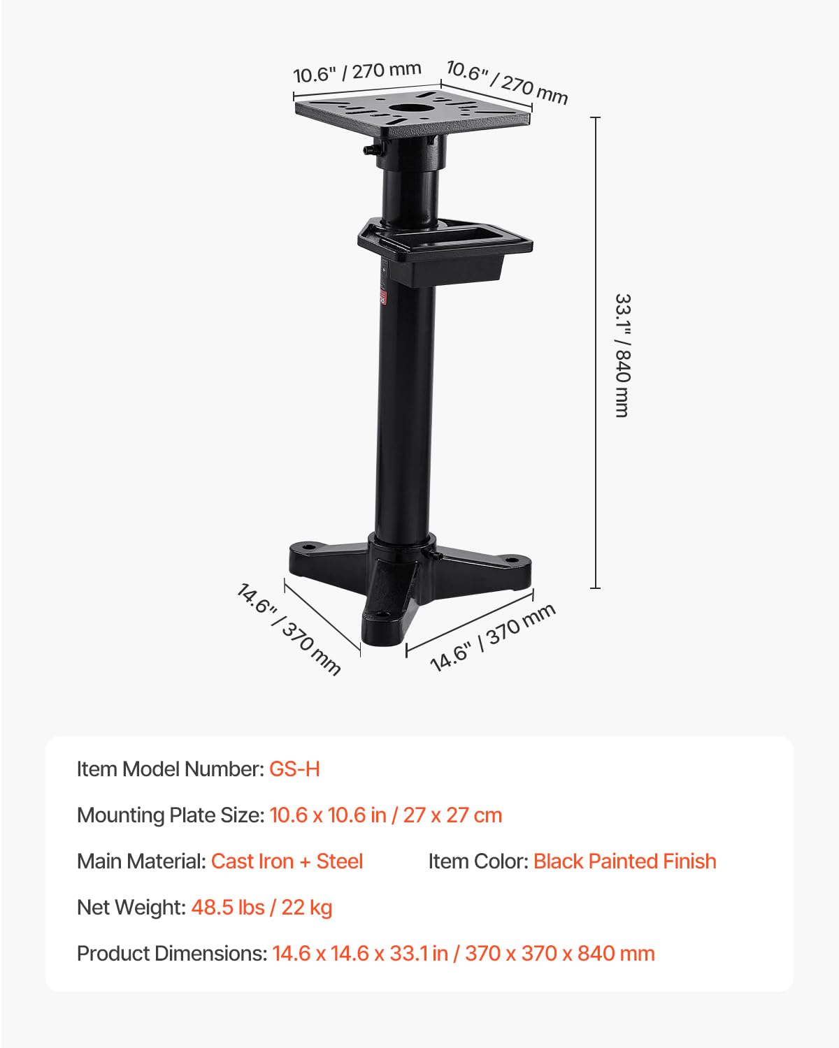 VEVOR Bench Grinder Stand, Heavy-Duty Bench Grinder and Vise Floor Pedestal with 10.6" x 10.6" Mounting Plate, Pre-Cut Mounting Slots & Water Pot, Compatible with Most Bench Grinders