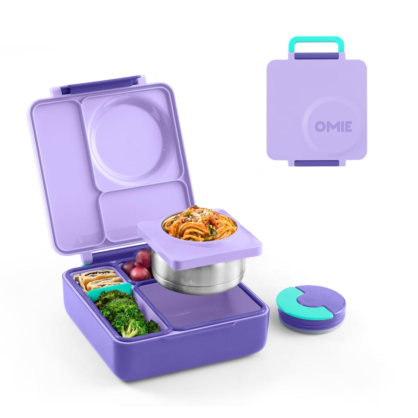 OmieBox Bento Box for Kids - Insulated Bento Lunch Box with Leak Proof Vacuum Insulated Food Jar - 3 Compartments, Two Temperature Zones (Purple Plum)