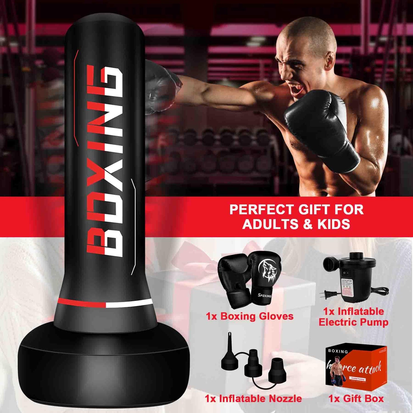 Freestanding Punching Bag for Adult Teens, 70" Heavy Punching Bag with Boxing Gloves and Electric Air Pump for Beginners Kickboxing Training MMA Muay Thai Fitness Office Home Gym