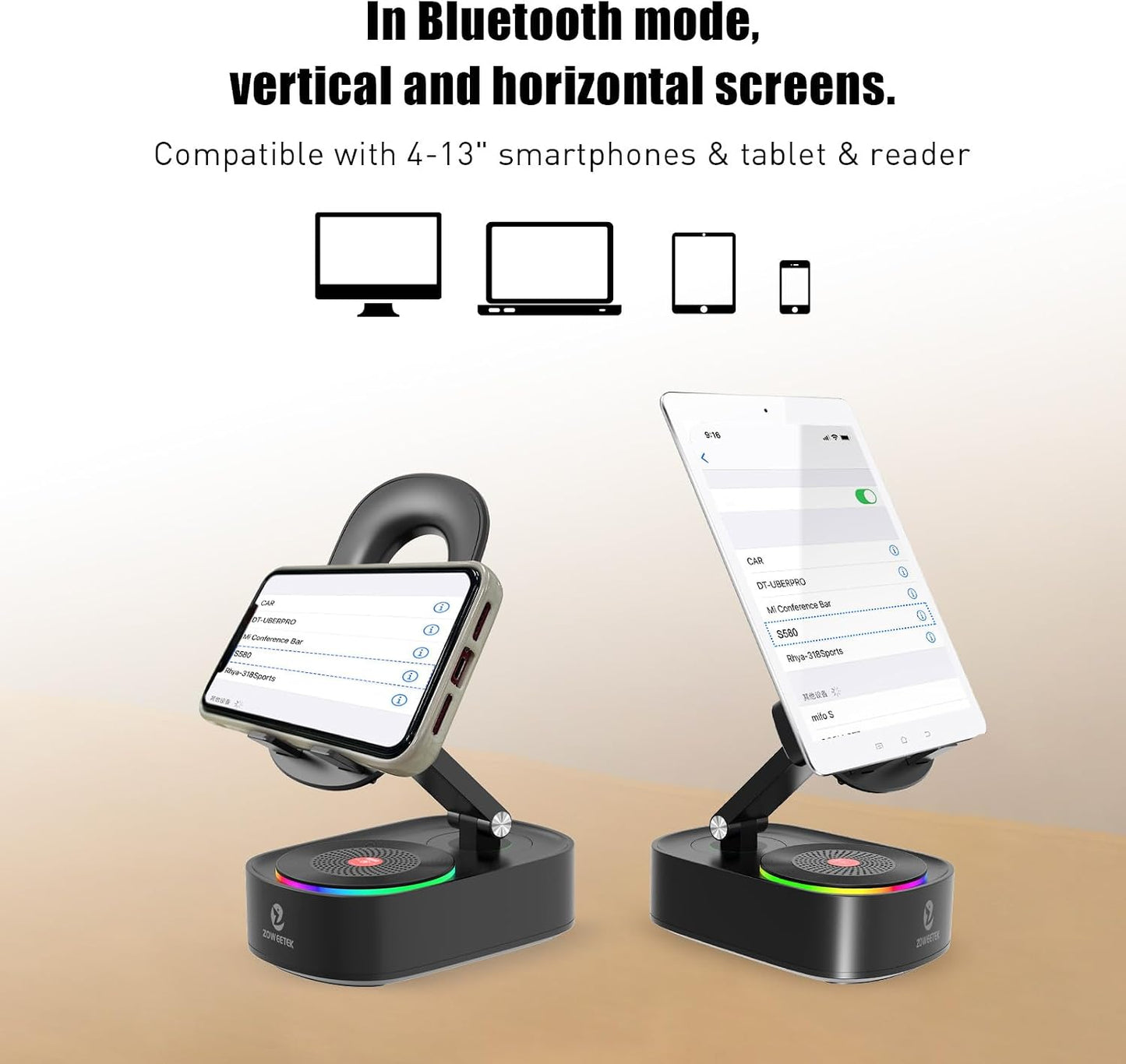 ZOWEETEK Sound,8H 5.3,Anti-Slip Cell Phone Stand with Wireless Bluetooth Speaker,Loud + Playtime,Bluetooth Base,Phone