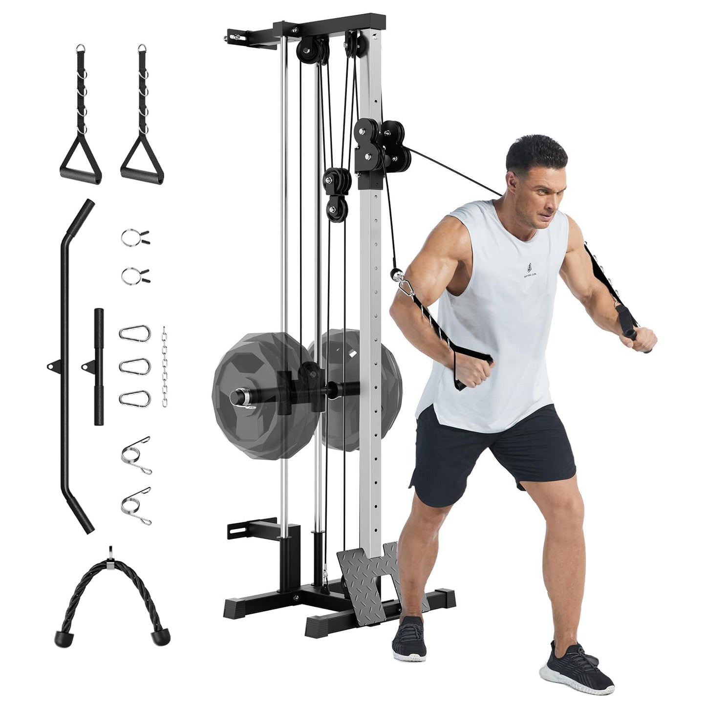 Garvee Wall Mount Cable Station, LAT Pulldown Machines with 19 Positions Dual Pulley System, Cable Crossover Machine with Adjustable Footplate, T-Bar and More Attachments, Workout Equipment Home Gym