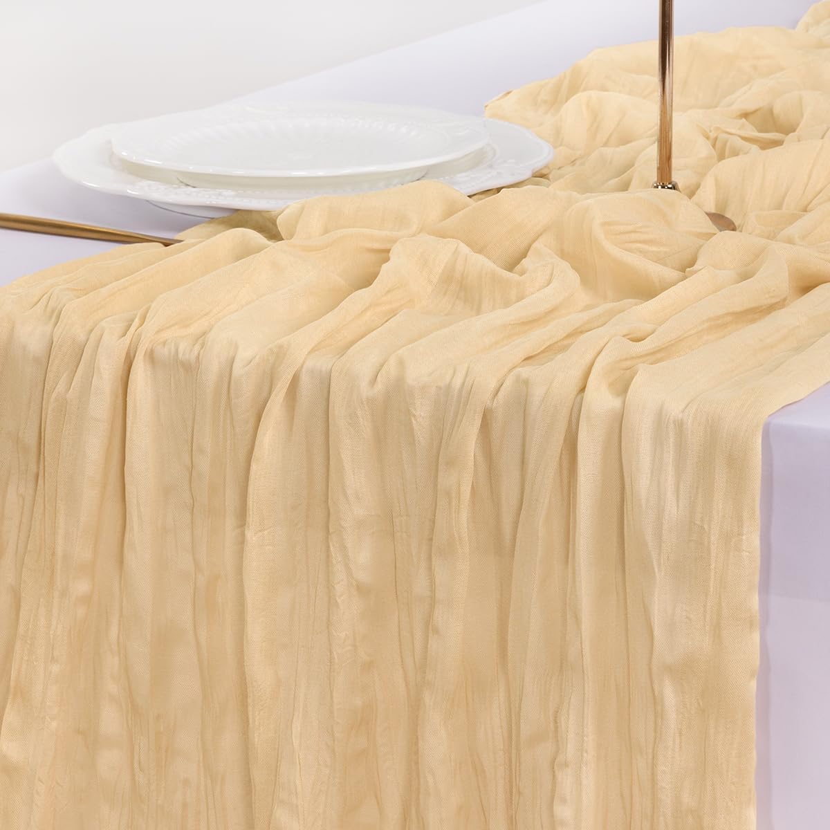 Socomi Gold Champagne Cheesecloth Table Runner - 120 Inch Sheer Gauze for Weddings & Parties