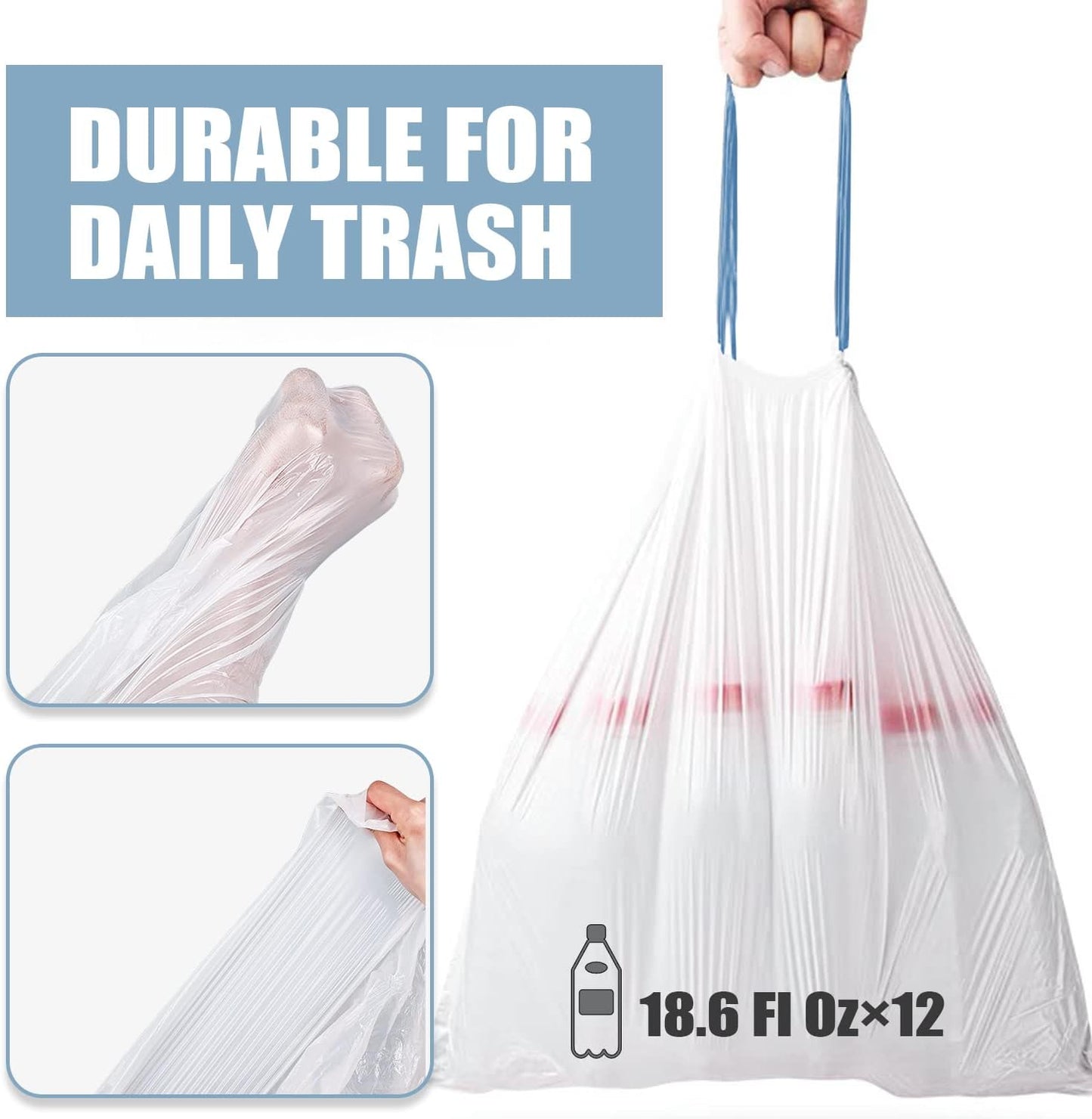 Small Trash Bags - 4 Gallon Drawstring Garbage Bags | Tear-Free Unscented White, 57 Count