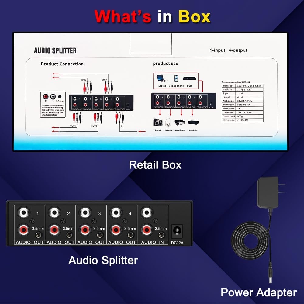 FlyroadUp 3.5mm 1 4 Aux + RCA L/R Audio Splitter in Out Stereo Analog Audio Distributor Box