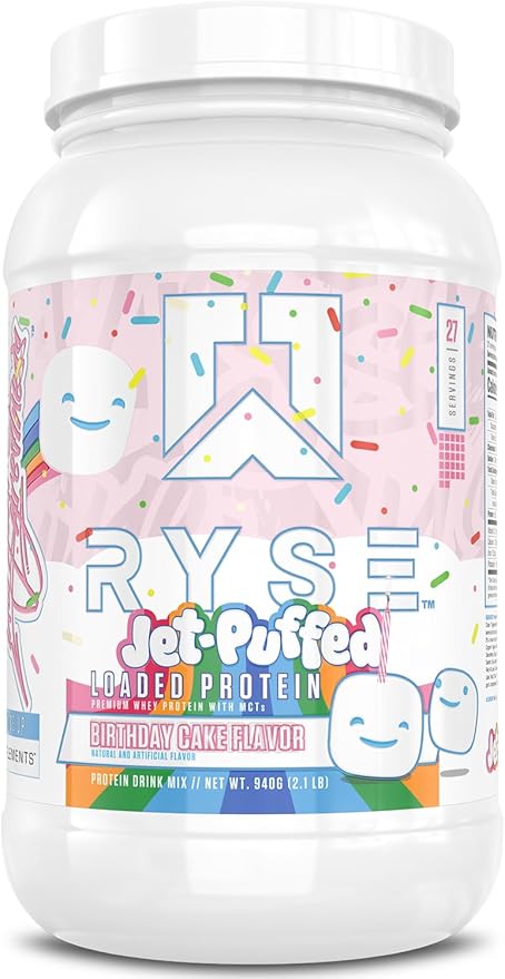 RYSE Loaded Protein Powder - Jet-Puffed Birthday Cake - 25g Whey Protein Isolate & Concentrate with Prebiotic Fiber & MCTs - Low Carb, Low Sugar, Digestive-Friendly - 27 Servings / 2 lb Tub