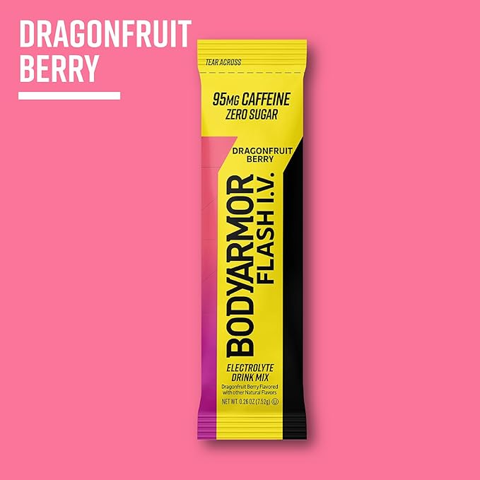 BODYARMOR Caffeinated Flash I.V. Electrolyte Packets - Dragonfruit Berry - Zero Sugar Energy Drink Mix, Single Serve Packs, Hydration for Pre Workout, Travel Essentials, Active Lifestyle (6 Count)
