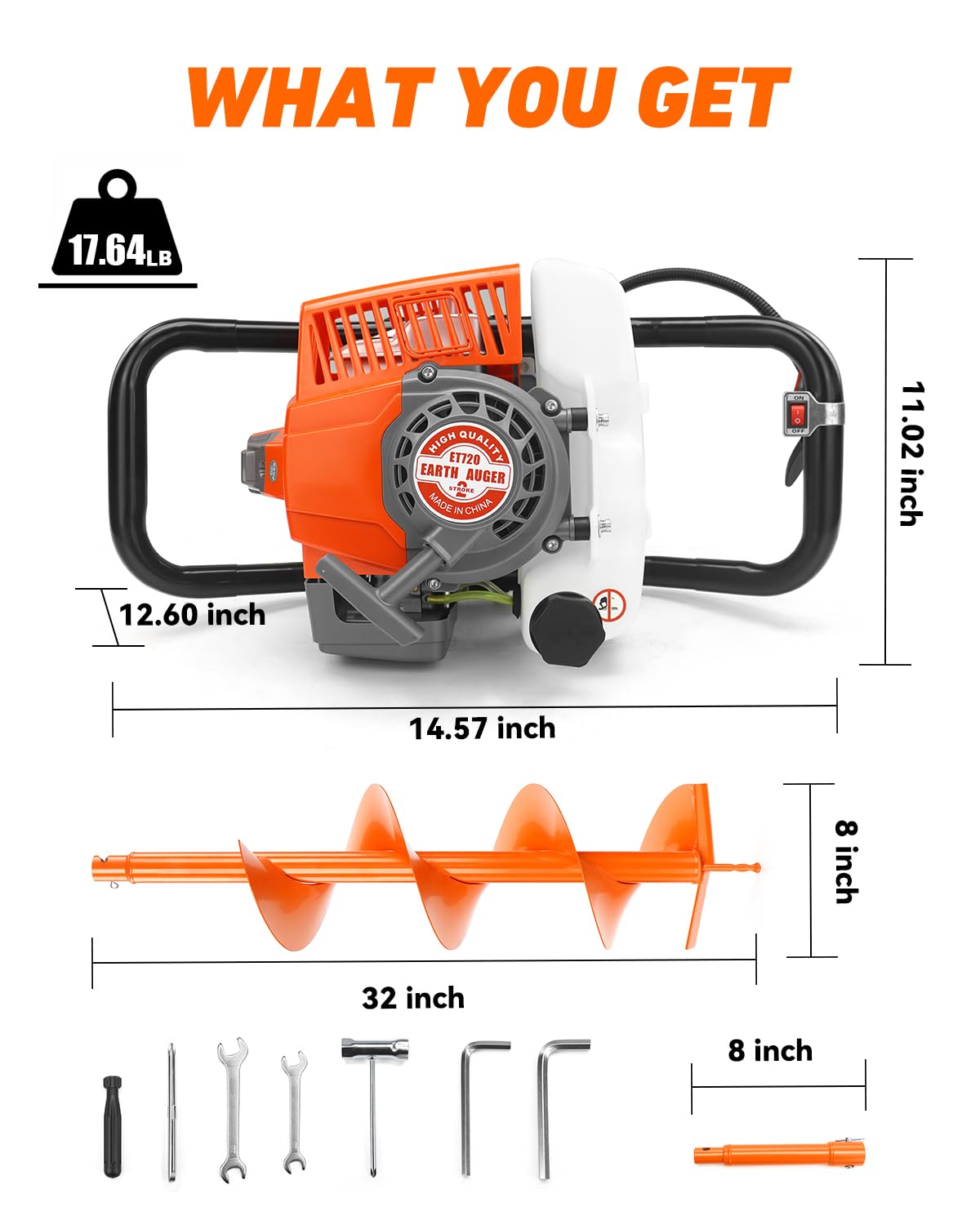NEO-TEC 72CC Post Hole Digger Drill Gas Powered 2-Stroke & 8" Drill Bits + 1 Extension Bar, Earth Auger Petrol Drill Borer for Garden Lawn Auger Drill Bit for Planting