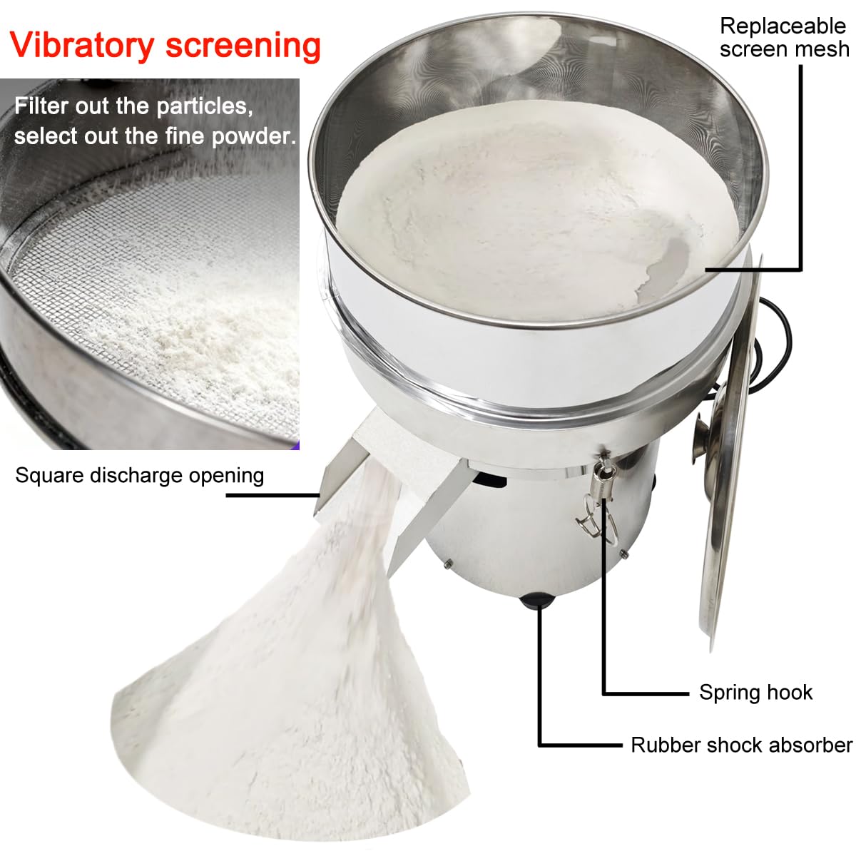 INTBUYING Automatic Powder Sifter Machine, Sieve Shaker Vibrating Machine, Electric Stainless Steel Powder Shaker, Electric Sieve Vibrating Screen with 60 Mesh Screen, 110V, 11.8 inch Diameter