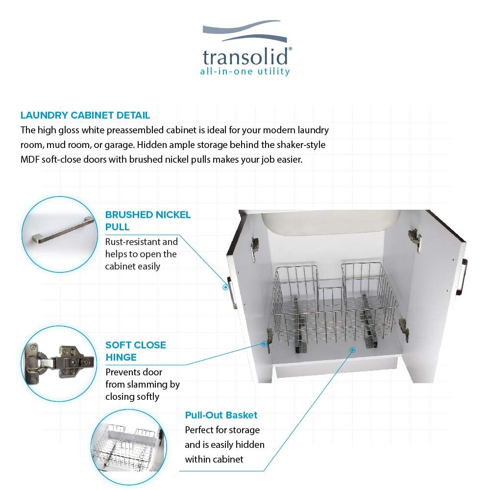 Transolid TCAB-2420-WSW 24-in All-in-One Laundry Cabinet Sink, Stainless Steel High Arc Faucet, and Basket in White
