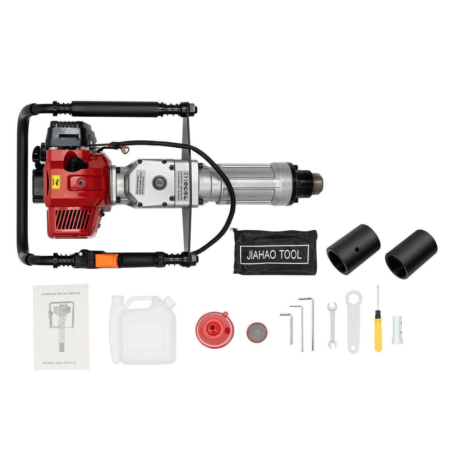52CC Gas Powered T Post Driver 2 Stroke Pile Driver Hammer Fence Post Driver Gas Piledriver Gasoline Powered T-Post Driver Gas Post Driver Single Cylinder Air-Cooling Engine with 2 Post Driving Head