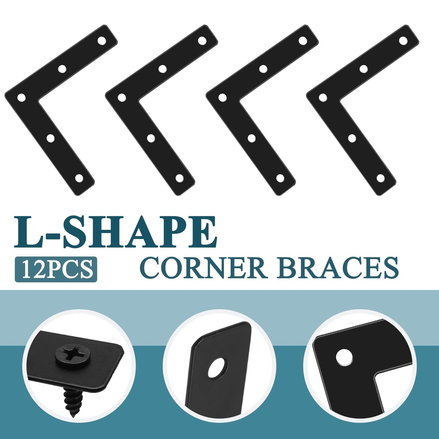 Rierdge 12 Pcs 3.15" x 0.62" L-Shape Corner Brace Brackets, 90°Angle Flat Mending Repair Plates Corner Brackets with Screws, Black