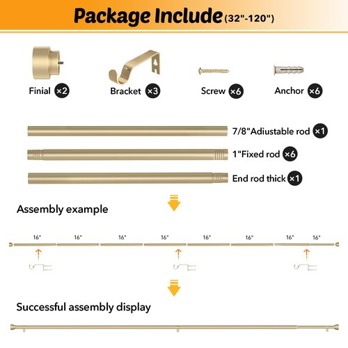 GEEBOBO Gold Curtain Rods for Windows 66 to 120 Inch, 1 Inch Adjustable Heavy Duty Decorative Window Curtain Rod, W1 (Gold, 32"-120")