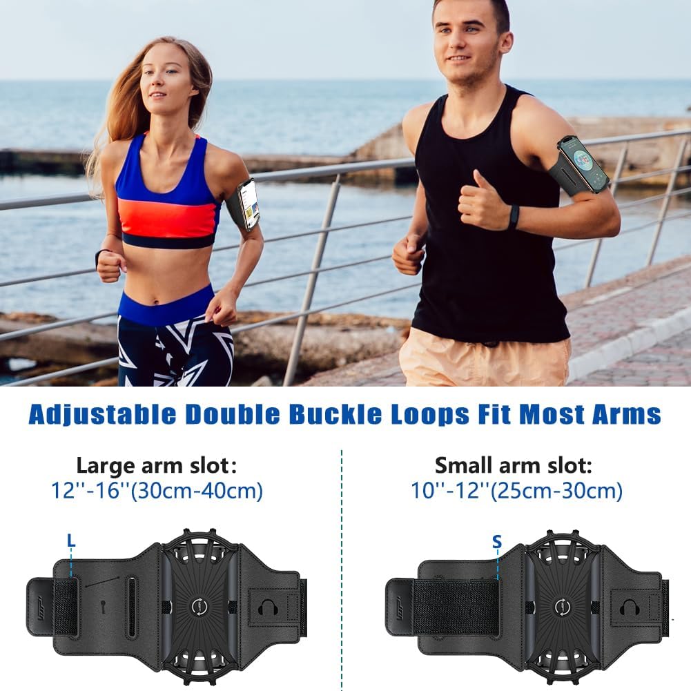VUP Running Armband 360°Rotatable for iPhone 17/16/15/14/13/Pro Max/Pro/Mini/12/11/SE/Xs/XR/X/8/7/Plus, Fits All 4-6.7 Inch Smartphones, with Key Holder Phone Armband for Running Hiking Biking (Black)
