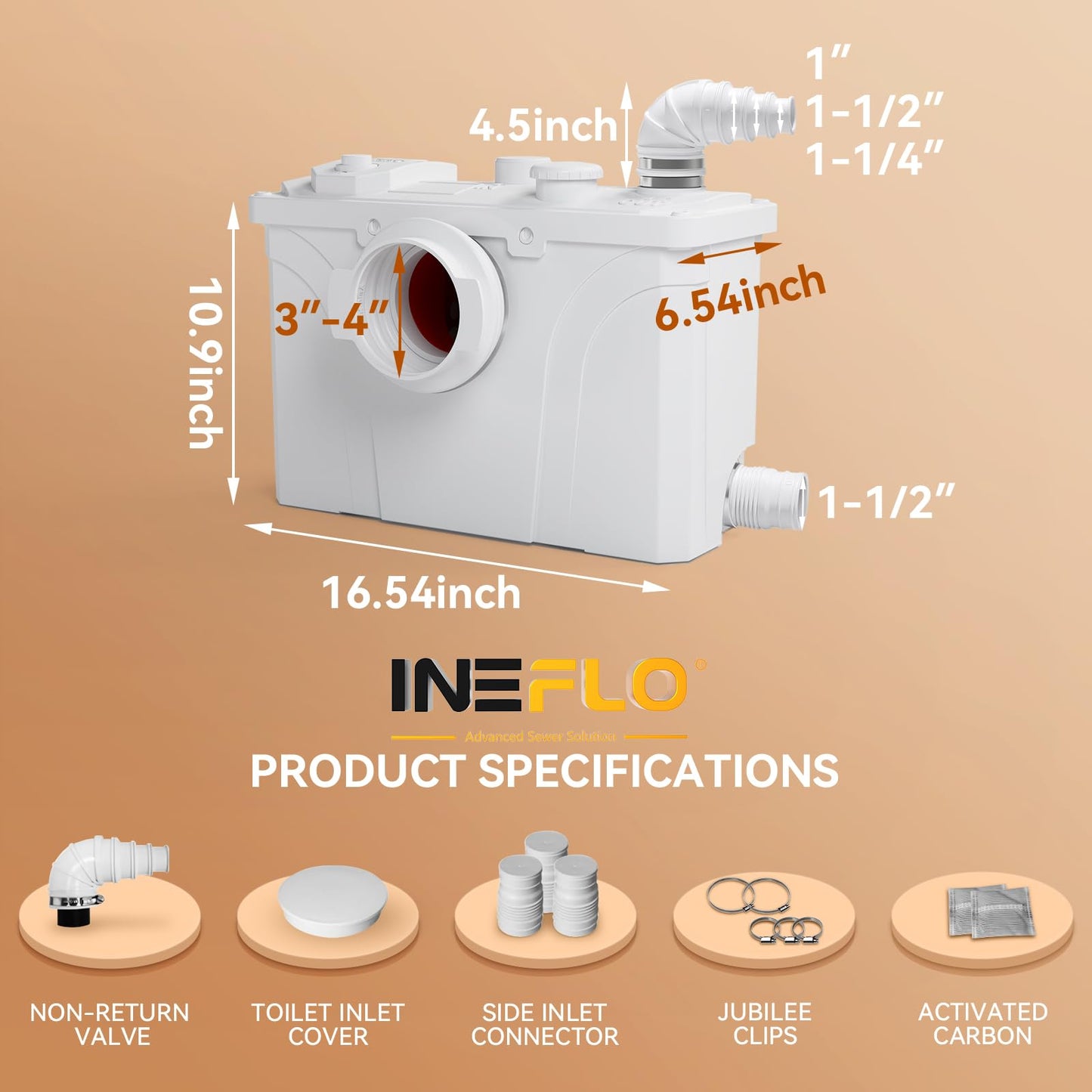 700MAX Macerator Pump for Basement Upflush System, Sewage Grinder Pump with with 4 Water Inlets for Toilet/Shower/Basin Waste Water Disposal, Durable Copper Motor, 29.8 ft Vertical