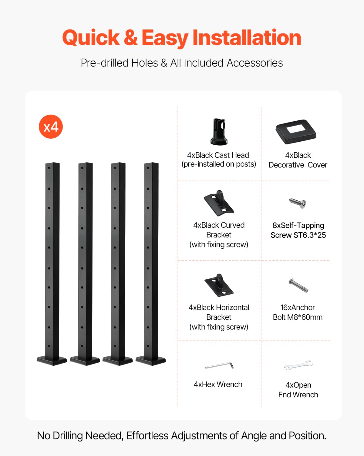 VEVOR Level Drilled Cable Railing Post, 10 Holes, 36x1x2 Inches Stainless Steel Cable Railing System Kit for Indoor Outdoor Deck Balcony, 4 Pack, Black, Product ID 4JZLGZXHS914UUOI6001V0