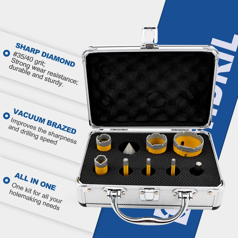 HIGHDRIL Diamond Drill Bits Kit with 5/8-11 for Porcelain Tile Ceramic Marble Brick Concrete Vacuum Brazed Hole Saw(6/6/8/20/25/35/50mm+35mm Chamfer Bit+Adapter)