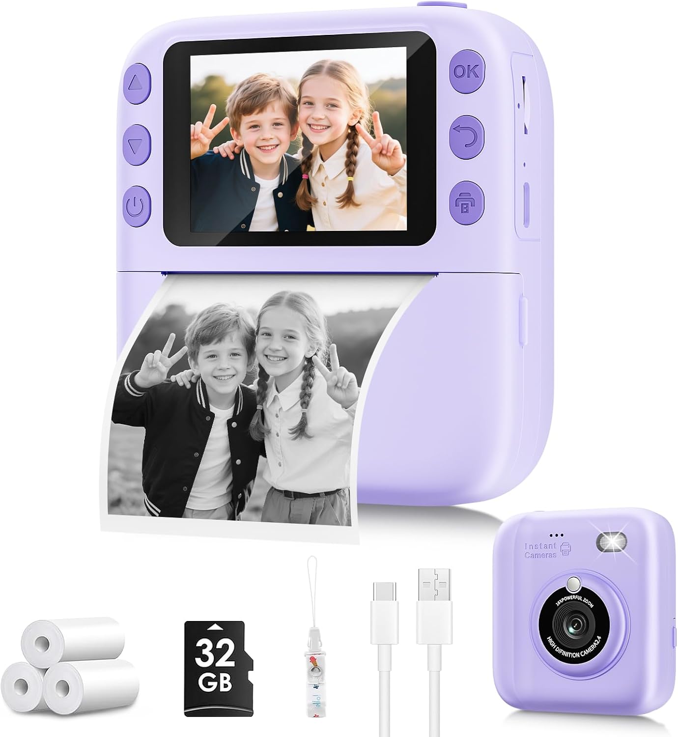 Yusuuo 1080P 4 5 6 7 8 9 10 32GB Instant Print Camera for Kids, Christmas Birthday Gifts for Girls Boys, Instant