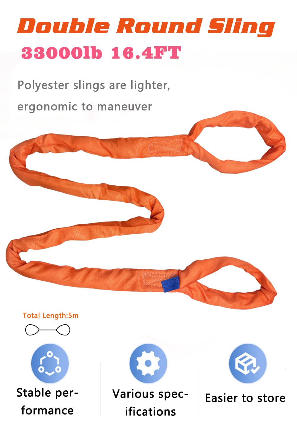 Eye and Eye Round Sling 33000lb 16.4FT Sling Strap Rigging Polyester Endless Lift Sling for Hoist Heavy Duty Objects Heavy Duty Poly Lifting Sling Polyester Eye and Eye Round Sling【15T-5M】