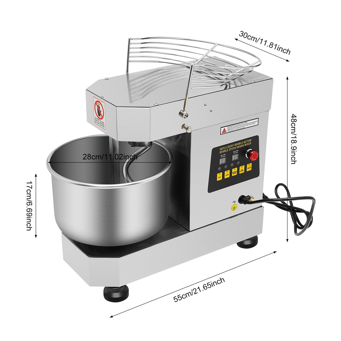 750W Commercial Food Mixer, 2.6Gal(10L) Dough Kneading Machine, 100/200 RPM Dual Speed, 360° Mixing, Copper Motor & Waterproof Switch, for Baking Dough, Whipping Cream, Mixing Salads (Silver)
