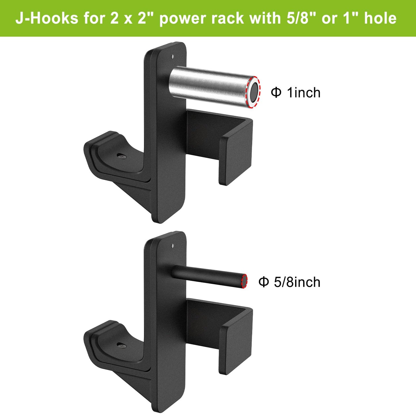Kipika J-Hooks for 2" x 2" Power Rack with 5/8" or 1" Hole, Bottom Reinforced Steel Hooks with Rubber Pads, Heavy Duty Power Rack Attachments, Squat Rack Accessories for Strength Training, Set of 2