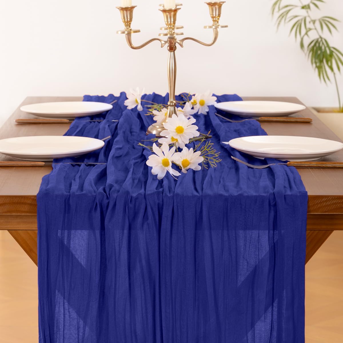 Socomi Cheesecloth Table Runner - 120 Inch Royal Blue Boho Rustic Decor for Weddings & Events