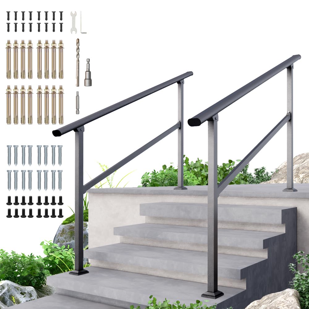 DIYHD 5 Step Handrail for Outdoor,Powder Coated Iron Stair Railing,Black Hand Rails for Indoor, Porch,Deck,2 Pack