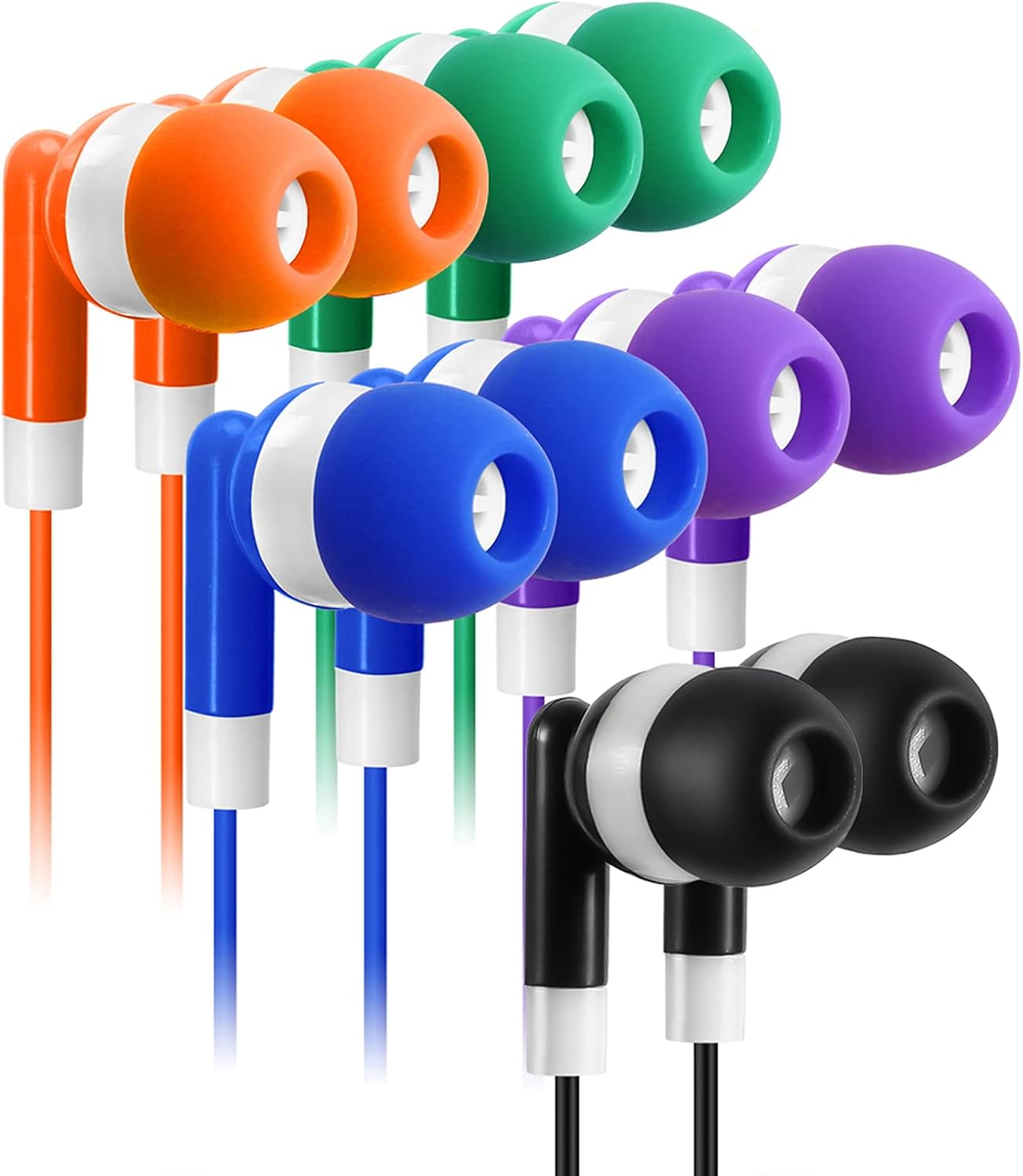 30 Pack 5 Keewonda Multi Color Earbuds for Kids, In-Ear, Wired, Colors (Black, Blue, Orange, Green, Purple), Compatible
